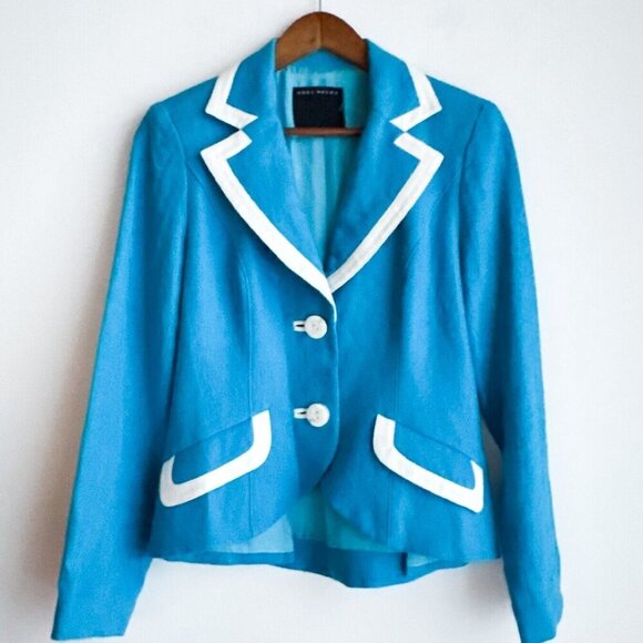 Ross Mayer LINEN Blue White Trim Two Button Fitted Summer Blazer 8 - Picture 1 of 6